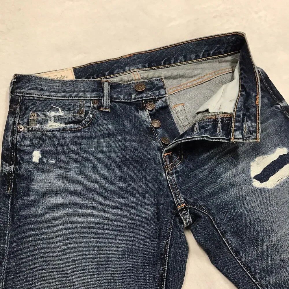 ABERCROMBIE & FITCH Jean Men 30x32 Button Fly Slim Straight Whisker Dark Wash